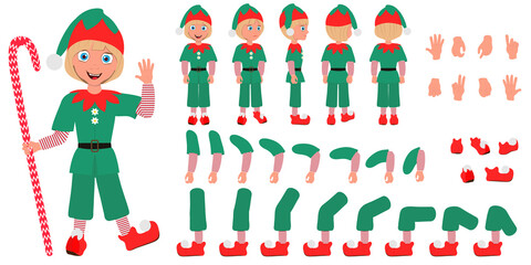 Fototapeta premium Flat Vector Conceptual Illustration of Kid Boy Wearing Christmas Elf Costume, Cartoon Character Set For Animation, Various Views, Poses and Gestures