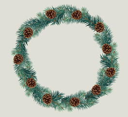 Vector Christmas round frame with pine tree branches and pine cones. Christmas decoration concept