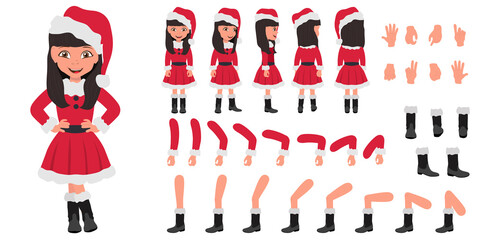 Flat Vector Conceptual Illustration of Kid Girl Wearing Santa Costume, Cartoon Character Set For Animation, Various Views, Poses and Gestures