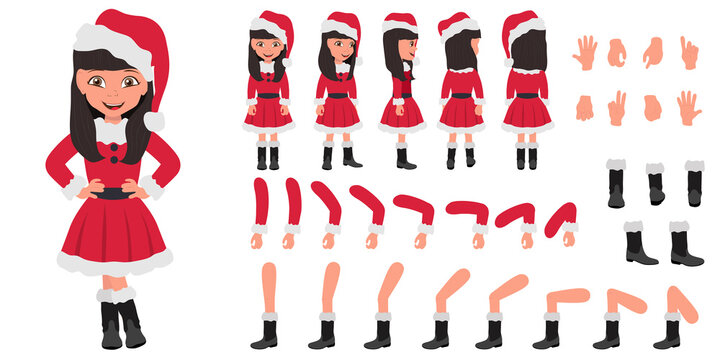 Flat Vector Conceptual Illustration of Kid Girl Wearing Santa Costume, Cartoon Character Set For Animation, Various Views, Poses and Gestures
