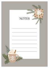 Vector page for notes child with christmas branch, gift box, cup of cappuccino, cinnamon stick. 