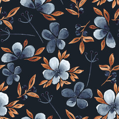 Watercolor seamless floral pattern with indigo flowers and leaves herbs in vintage style for fabrics, paper, textile, gift wrap isolated on black background