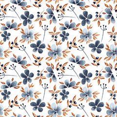 Watercolor seamless floral pattern with indigo flowers and leaves herbs in vintage style for fabrics, paper, textile, gift wrap isolated on white background
