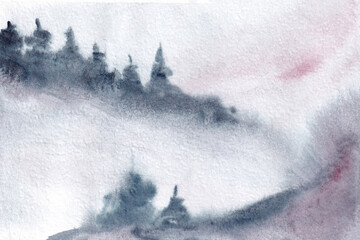 Watercolor blurred landscape with fir and foggy mountains. Watercolor mist background