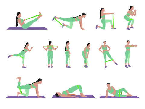 Woman doing exercises with fitness elastic band on white background, collage. Vector illustration
