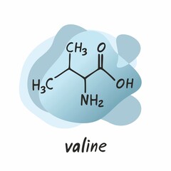 Chemical formula of the amino acid valine is isolated on a colored abstract background. Symbol of an organic compound. Structure of an interchangeable amino acid. Cartoon flat vector illustration.