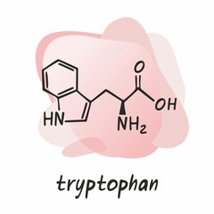 Chemical formula of the amino acid tryptofan is isolated on a grey abstract background. Symbol of an organic compound. Structure of an interchangeable amino acid. Cartoon flat vector illustration.