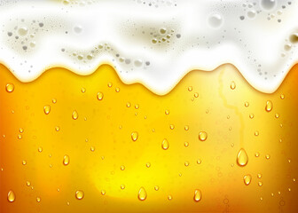 realistic beer background with lush white foam, bubbles and dripping drops