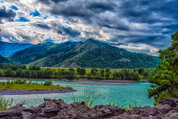 The Chuya and Katun Rivers merge in the mountains. Altai, Siberia, Russia.
