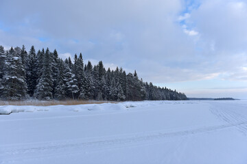 Lake Onega in winter covered with snow