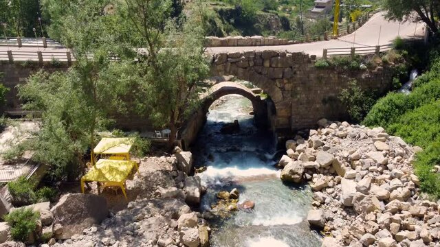 Stream Flowing From The Mountains In Afqa Lebanon - aerial shot
