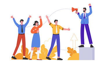 Motivational speaker with megaphone speaks inspiring speech to people. Leader at meeting, scene isolated. Motivation and achievement of career goals concept. Vector illustration in flat minimal design