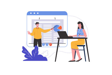 Woman studies at home using laptop and watches video lecture. Student learns lesson on internet, people scene isolated. Online education and courses concept. Vector illustration in flat minimal design