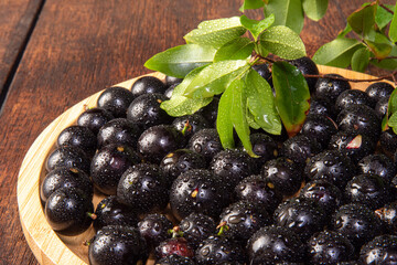 Jabuticaba, Jabuticabas freshly harvested in pots and baskets arranged on rustic wood, selective focus.
