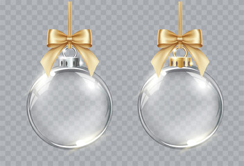 Collection of vector realistic transparent Christmas balls with gold bows on a light abstract background. Christmas decoration.
- 461028715
