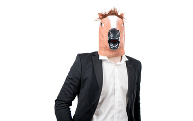 Professional man wear horse head and business suit isolated on white, workhorse