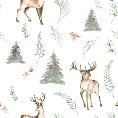 Winter woodland seamless pattern for fabric, Watercolor forest animals seamless digital paper, Natural Christmas repeat pattern for nursery decor, textile, wrapping paper, christmas gifts