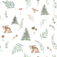 Winter woodland seamless pattern for fabric, Watercolor forest animals seamless digital paper, Natural Christmas repeat pattern for nursery decor, textile, wrapping paper, christmas gifts - 461030131