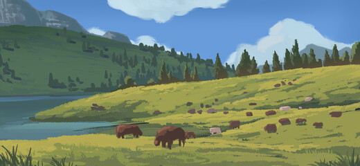A digital illustration of a peaceful farmland and highland cattle with colourful brushstroke technique under a beautiful blue sky scenery.