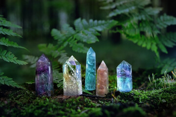 Gemstones minerals on mysterious natural dark forest background. Magic quartz crystals for esoteric Ritual, Witchcraft, spiritual practice. reiki healing therapy for life balance. - obrazy, fototapety, plakaty