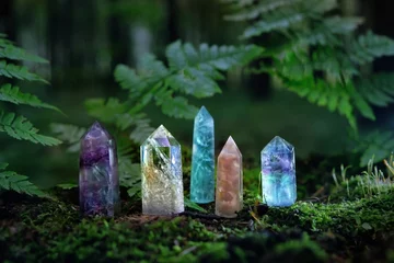  Edelstenen mineralen op mysterieuze natuurlijke donkere bosachtergrond. Magische kwartskristallen voor esoterisch ritueel, hekserij, spirituele praktijk. reiki healing therapie voor levensbalans. © Ju_see