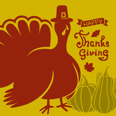 Happy Thanksgiving day poster template with turkey and autumn leaves. Vector illustration