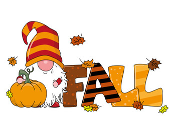 Autumnal card. Gnome with pumpkin and the word fall. Isolated vector