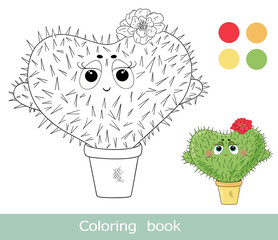 Cactus book page. Cactus plant in pot. Isolated contour. Kids coloring book page. Worksheet. Coloring book for children. Activity game. Printable colorful cartoon funny cactus in flower pot.