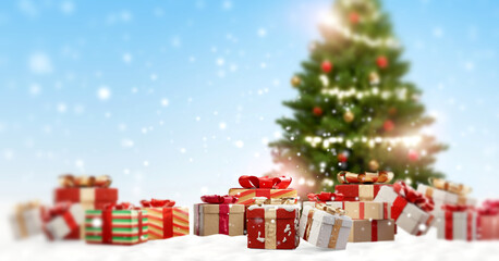 christmas presents. outdoor winter background with green decorated fir and snowflakes and Christmas gifts in front 3d-illustration