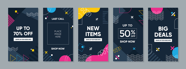 Abstract Colorful Memphis Square Background. Trendy geometric abstract template for social media post or advertisement.