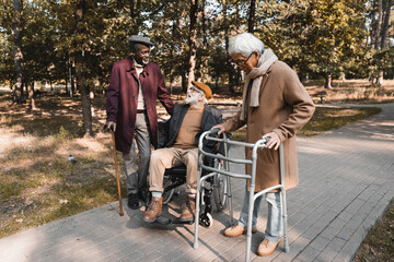 Cheerful interracial elderly men with wheelchair and walking cane in park