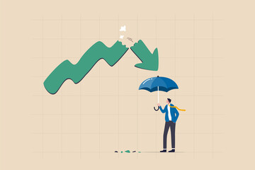 Protect from stock market crash, insurance to protect from risk or uncertainty, investment margin of safety concept, businessman investor holding strong umbrella ready for downturn arrow graph.