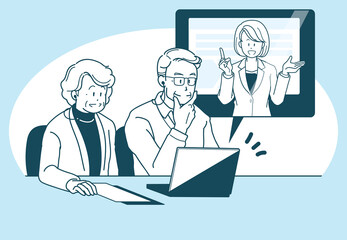 オンラインで商談する高齢の夫婦とスーツの女性のイラスト