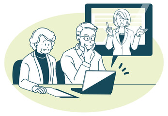 オンラインで商談する高齢の夫婦とスーツの女性のイラスト