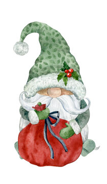 A fairy-tale dwarf with a gift bag. Watercolor illustration. New Year and Christmas gnome.