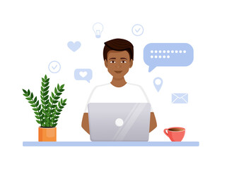 The man works at the computer. Remote work, freelance, home office, programming, education. Communication on the Internet, online meetings. Vector illustration.