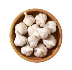 fresh garlic in a wooden bowl isolated on white background, top view.