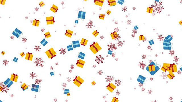 Christmas holiday gift boxes and red snowflake falling animation on white background