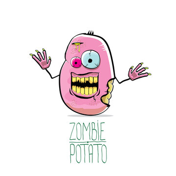 vector funny cartoon cute pink zombie potato character isolated on white background. My name is zombie potato vector concept halloween background. monster vegetable funky character
