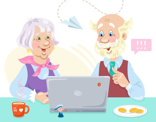 Grandfather and grandmother at the laptop screen. In a cartoon style. Isolated over white background. Vector flat illustration.