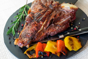 Grilled steak, with spices and peppers. Ready to eat. Florentine steak