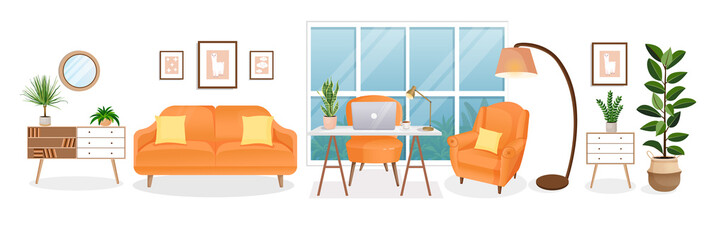 Design of a cozy room for working from home. Office with computer, workplace room, cabinet. Modern living room interior with furniture and house plants. Vector flat style illustration.