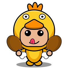vector illustration of cartoon character farm animal mascot costume cute chicken holding fried chicken thigh