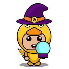 vector illustration of cartoon character mascot costume animal fowl chicken wearing a witch hat and holding a crystal ball