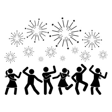 Happy stick figure man and woman dancing hands up night club fireworks vector illustration icon set. Stickman enjoying, jumping, having fun, party silhouette pictogram on white background