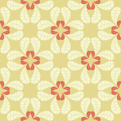 Vintage seamless grid pattern with white and read leaf flowers on gold yellow geometric lace texture. Vector illustration for wallpaper, home decor and Christmas wrapping paper.