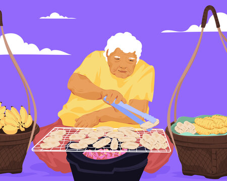 Senior elderly woman cooking street food at market