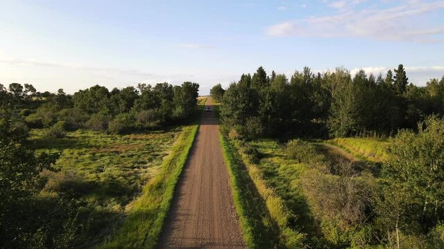 4k drone footage of car driving towards and underneath camera drone on red dirt road between lush green trees during sunset.