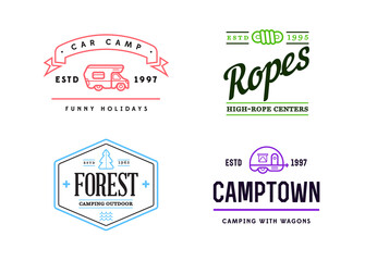 Wilderness Camping logo templates. Sign Design with Elements and Fictitious Sample Text.