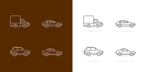 Cars icons Set. White lines style on dark and white background.